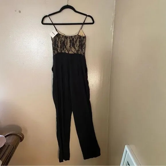 Superdown Revolve Bella Lace Jumpsuit illusion black nude bodice one piece XS